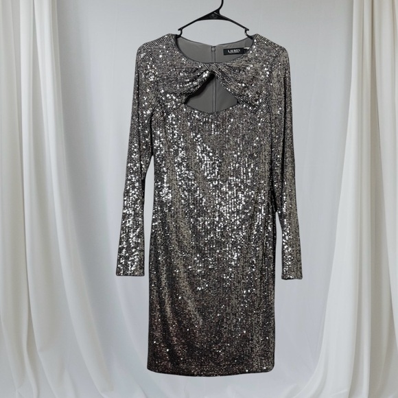 🥂Lauren Ralph Lauren New Sequined Twist Front Dress Silver and Grey Size 4 - Picture 4 of 16